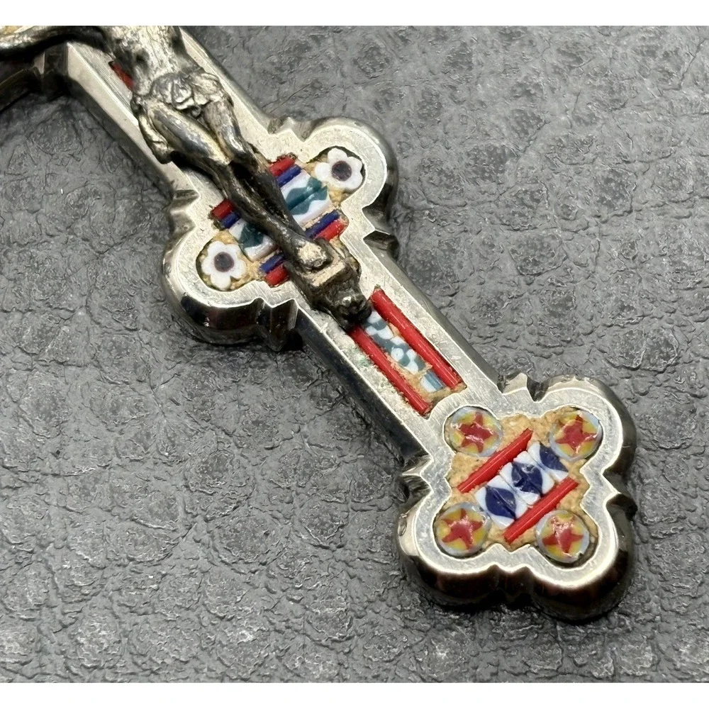 VTG Large Italian Micro Mosaic Crucifix Pendant Cross Religious READ Silver Tone